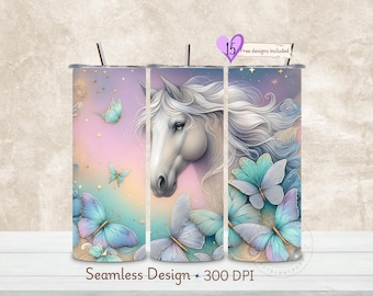 Pferd mit Schmetterlingen Tumbler Wrap, 20 Unzen Skinny Sublimationsbecher Design, süßes Pferd Sublimationsdesign, Aquarell Schmetterling Tumbler PNG
