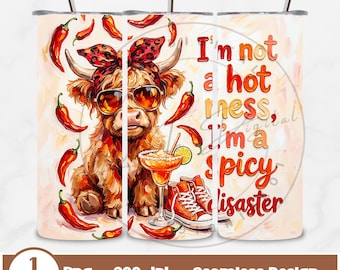 Hot Mess Cow Tumbler Wrap Png, Funny Highland Cow 20oz Skinny Sublimation Tumbler Design, Digital Design, Trendy Tumbler Wrap