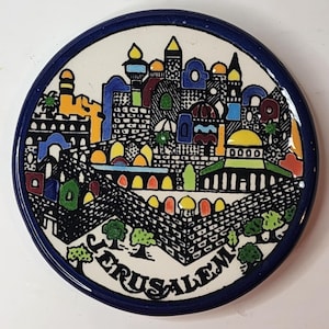 Vintage Signed J Tamimi Jerusalem Plate Ceramics Hand-Made, Holy Land Art Pottery Hanging Wall Plaque, Israel Folk Art Skyline Souvenir