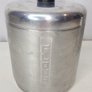 Vintage Century Spun Aluminum Flour Canister, Retro 1950s MCM Kitchen Storage, Silver Metal Container with Black Knob