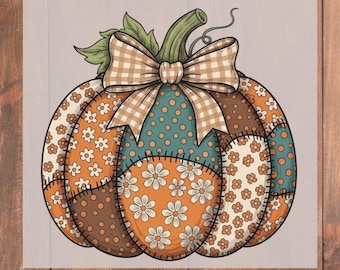 Patchwork Pumpkin DTF, Vintage Fall Gingham Bow (Ready to Press)