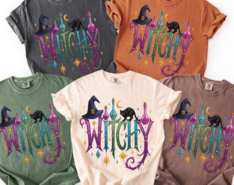 Colorful Witch Potion Shirt, Black Cat Witch Comfort Colors T-Shirt, Whimsical Witchy Halloween Tee, Gothic Witch Sweatshirt