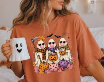 Spooky Cute Ghost Friends Halloween Shirt, Trendy Trick or Treat Sweatshirt, Fall Ghostie Crewneck, Pink Goth Boo Crewneck, Kids Halloween