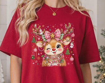 Christmas Reindeer Shirt, Pink Bow Reindeer Sweatshirt, Kawaii Christmas T-Shirt, Festive Holiday Graphic Tee, Christmas Party Shirt