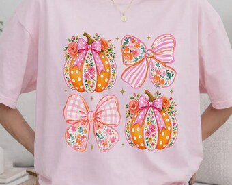 Floral Pumpkin Bow Comfort Colors Shirt, Fall Vibes Sweatshirt, Autumn Pumpkin Shirt, Thanksgiving Day Tees, Coquette Halloween Shirt