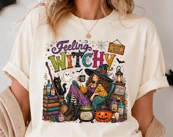 Feeling Witchy Comfort Colors Shirt, Witch Halloween T-shirt, Vintage Witchy Sweatshirt, Cozy Halloween Tees
