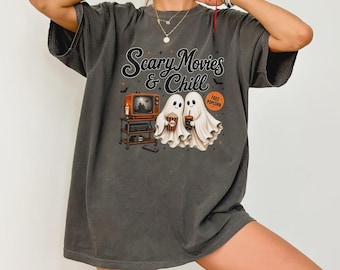 Scary Movies & Chill Shirt, Spooky Ghost Halloween Sweatshirt, Retro Horror Night Tee, Fall Movie Lover Gift