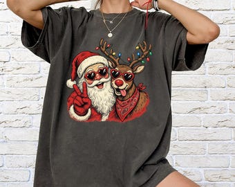 Santa Reindeer Christmas Comfort Colors Shirt, Retro Santa Shirt, Rudolph Holiday Tee, Western Christmas Shirt