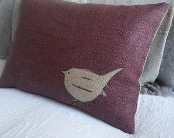 Handprinted and stitched little plum Jenny wren cushion cover