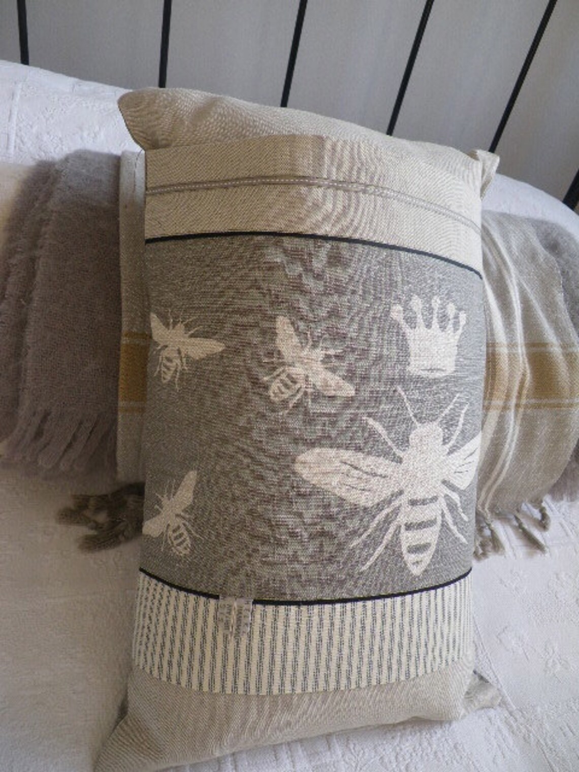 Hand Printed Muted Grey Linen Bee Cushion Cover Etsy