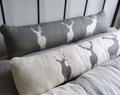 Handprinted  reversible linen charcoal natural stag bolster excluder cover