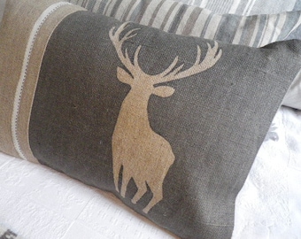 Hand printed charcoal stag cushion cover