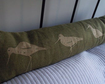 Handprinted  reversible olive wading bird bolster excluder cover