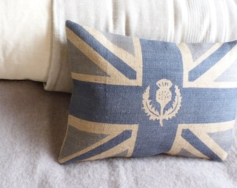 Handprinted Muted Royal Blue Union Jack Flag Cushion Cover With