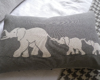 hand printed greys  elephant family cushion cover