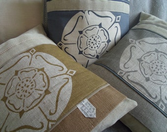 Handprinted linen Yorkshire rose cushion cover