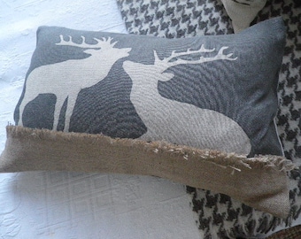 Hand printed loomstate linen grey stags cushion cover