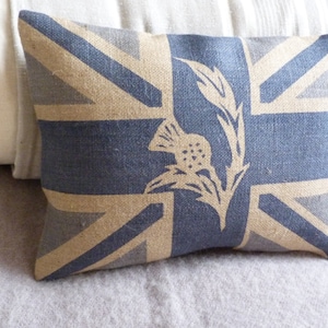 Hand printed  rustic union jack Scottish thistle cushion cover