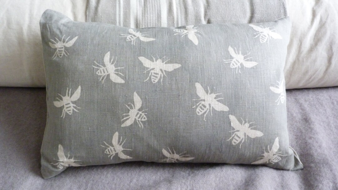 Hand Printed Muted Grey Linen Bee Cushion Cover Etsy