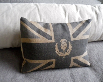 Hand Printed Grey Blue Scottish Thistle Union Jack Cushion Cover
