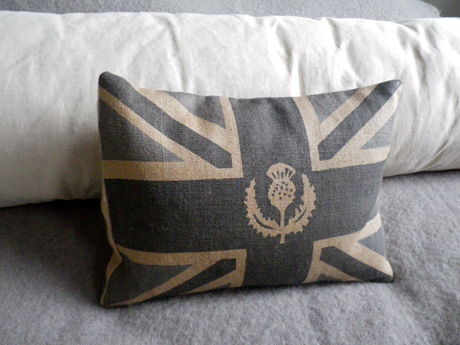 hand printed grey blue Scottish thistle union jack cushion cover
