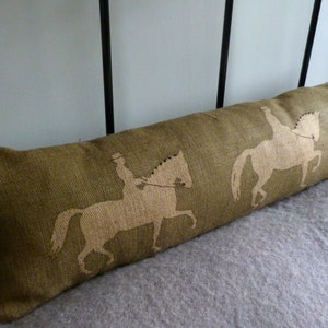 Handprinted  rustic olive reversible dressage riders bolster cover