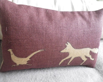 hand printed plum fox and pheasant cushion cover