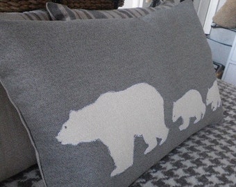 Hand printed  arctic grey polar bear family cushion cover