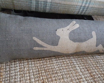 Hand printed blue grey leaping hare bolster cover