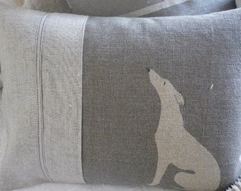 Handprinted grey loom state linen whippet/grey hound cushion cover