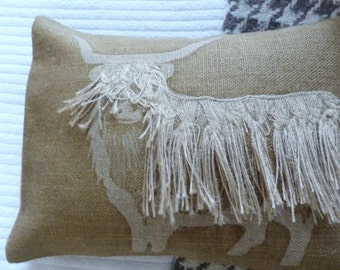hand printed and appliqued shaggy highland cow cushion cover