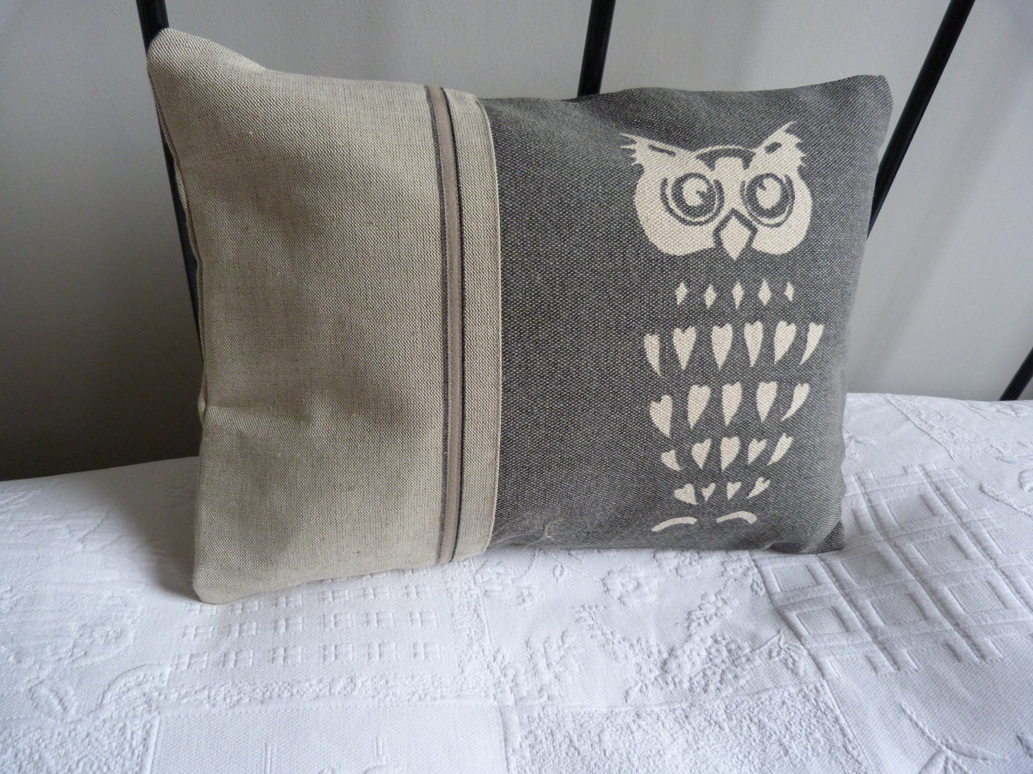 hand printed  soft  reversible charcoal owl cushion cover