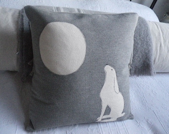 Exclusive hand printed soft grey moon gazing hare cushion cover