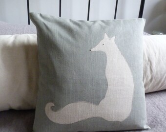 Handprinted eau de nil sitting fox cushion cover