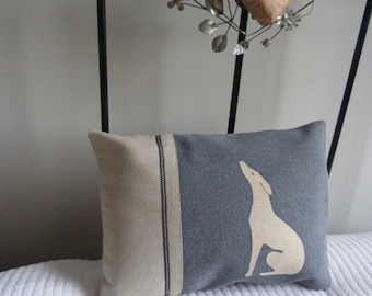 Handprinted muted blue sitting hound cushion cover