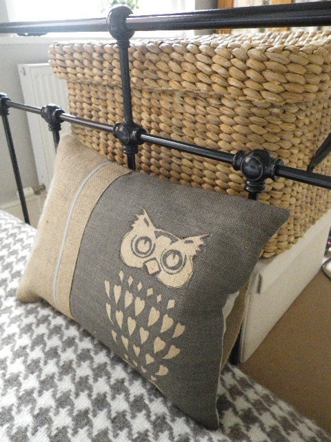 hand printed rustic soft charcoal owl cushion cover