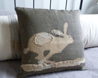 Handprinted reversible applique charcoal  running hare cushion cover