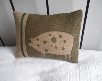 hand printed olive hessian piggy cushion cover