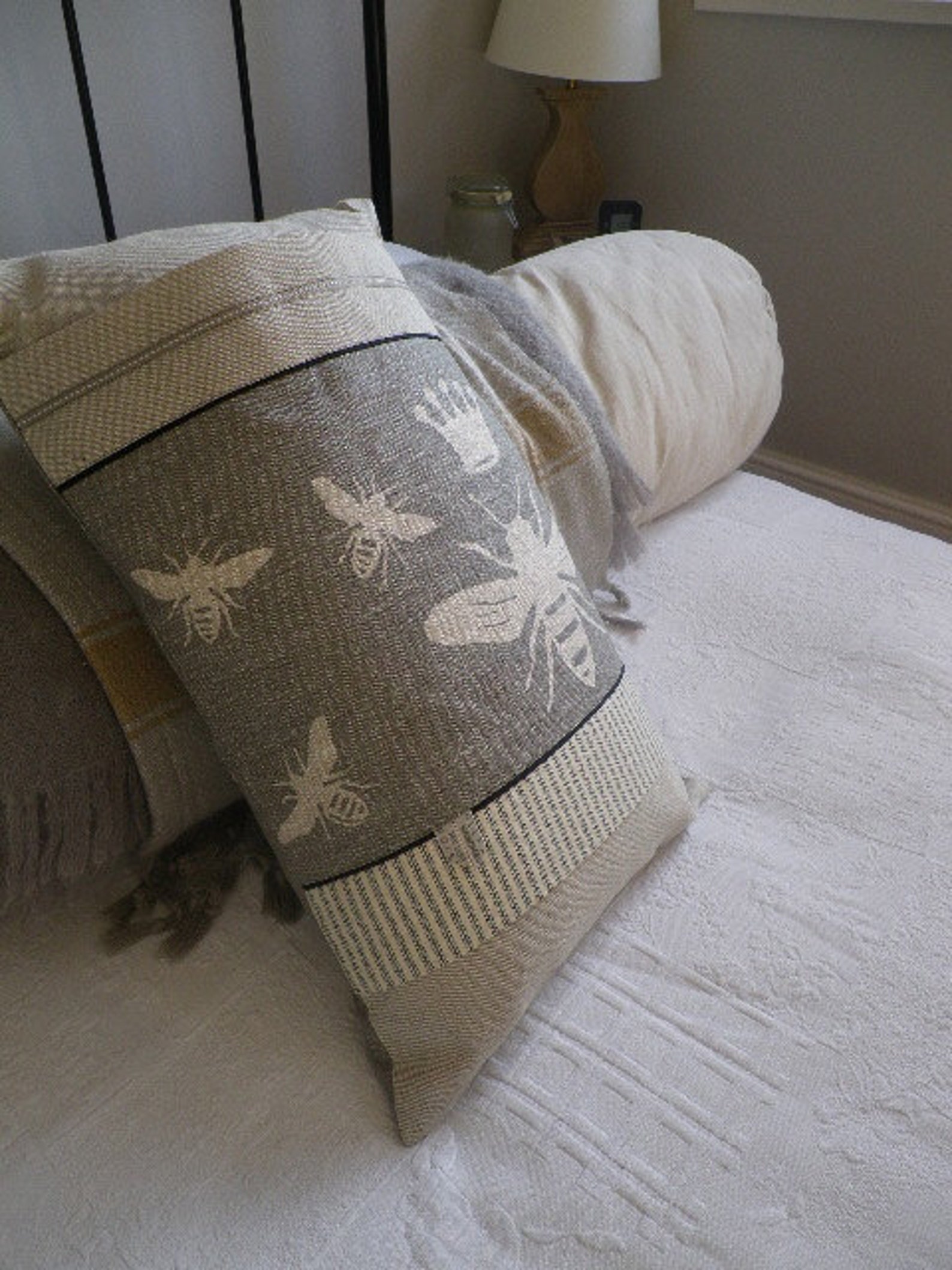 Hand Printed Muted Grey Linen Bee Cushion Cover Etsy