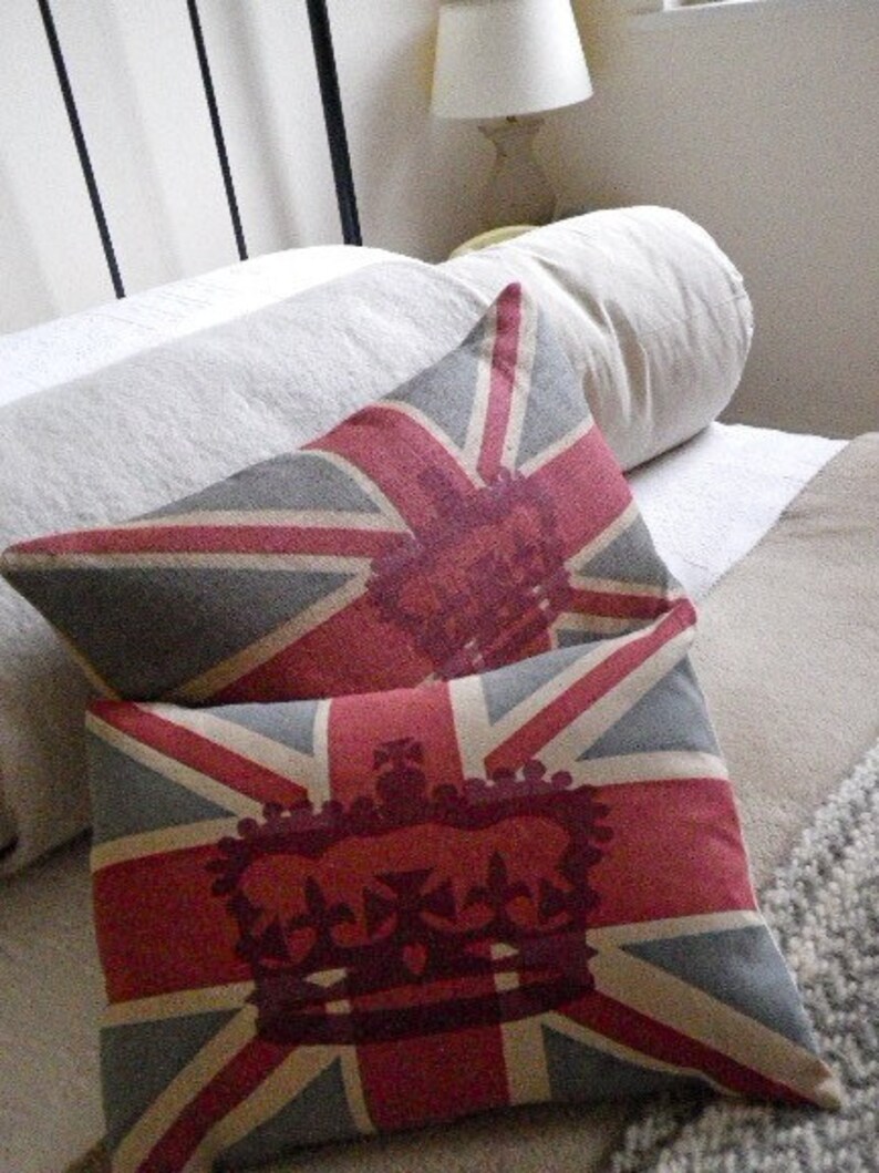 Hand printed rustic union jack flag cushion cover with crown Etsy