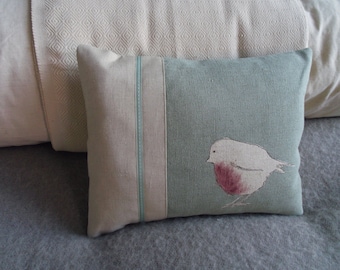 Hand printed reversible eau de nil robin cushion cover