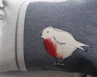 Hand printed and  stitched muted blue robin cushion cover