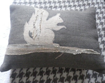 Hand printed stitched charcoal squirrel cushion cover