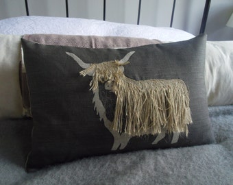 Hand printed charcoal linen appliquéd shaggy highland cow cushion cover