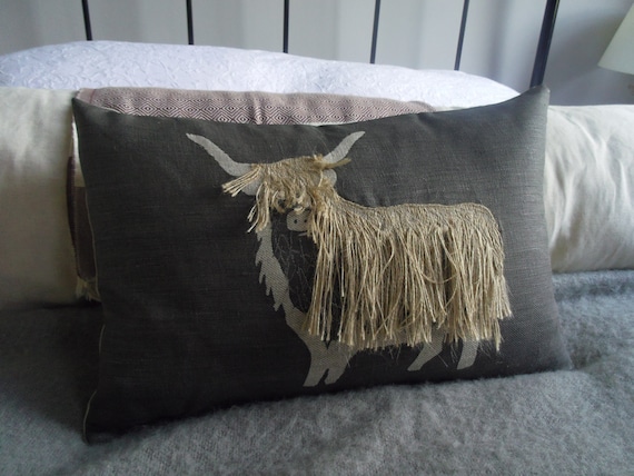 Hand printed charcoal linen appliquéd shaggy highland cow cushion cover