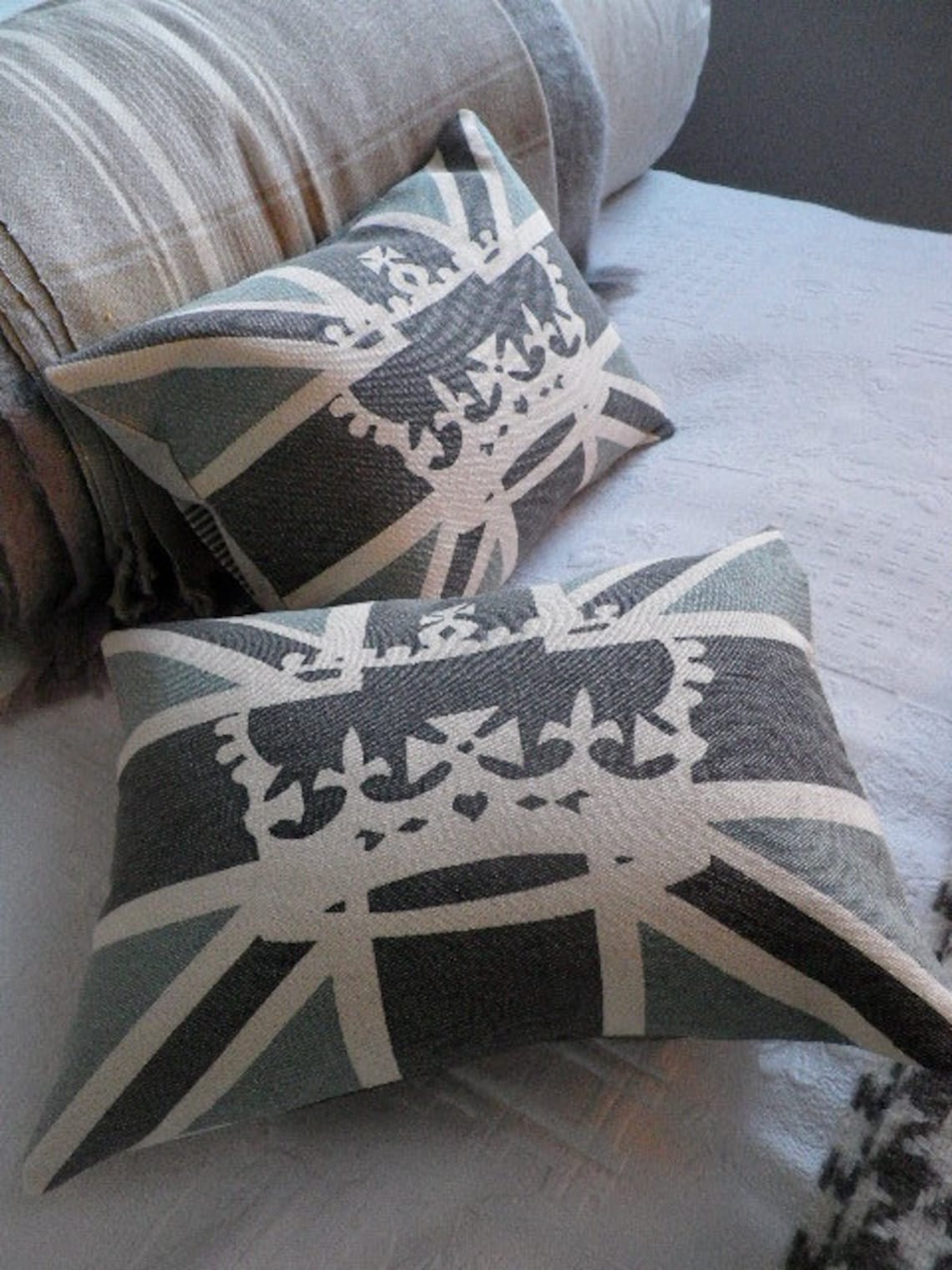 Handprinted Grey and Blue Union Jack Crown Cushion Cover Etsy
