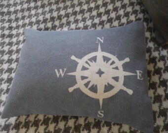 hand printed blues compass cushion cover