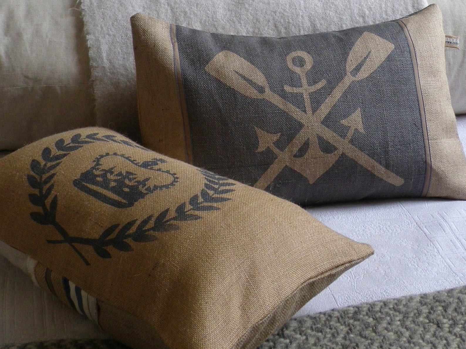 Rustic Hand Printed Anchor and Oars Cushion in New England Etsy