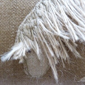 May include: Close-up of a beige woven fabric with a white fringe detail. The fringe is made of thin, wispy strands of fabric.