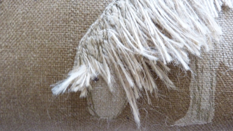 May include: Close-up of a beige woven fabric with a white fringe detail. The fringe is made of thin, wispy strands of fabric.